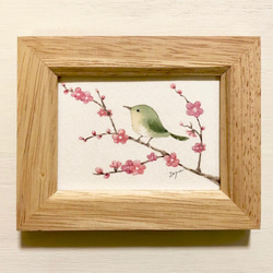 梅とうぐいす」水彩画イラストミニ額 お正月 プチギフト イラスト