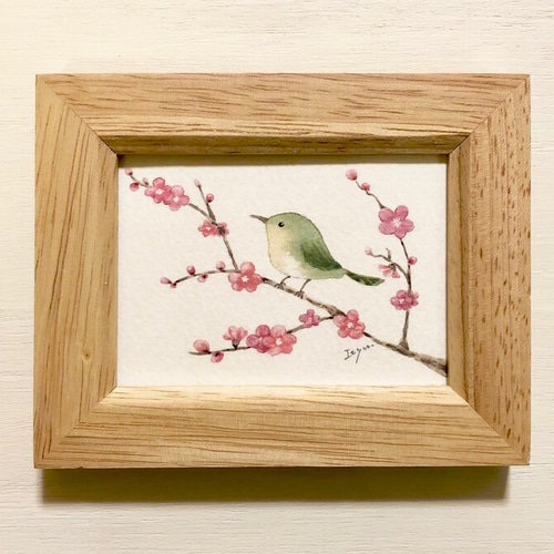 梅とうぐいす」水彩画イラストミニ額 お正月 プチギフト イラスト