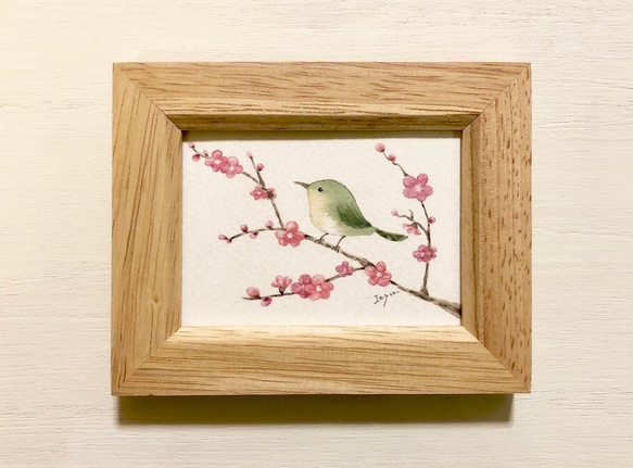 梅とうぐいす」水彩画イラストミニ額 お正月 プチギフト イラスト