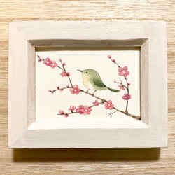 「梅とうぐいす」水彩画イラストミニ額　お正月　プチギフト 2枚目の画像