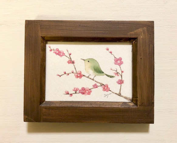 「梅とうぐいす」水彩画イラストミニ額　お正月　プチギフト 3枚目の画像