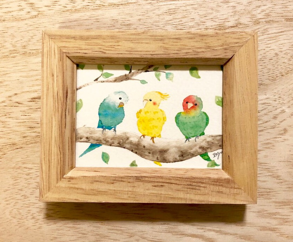 仲良しインコたち」水彩画イラストミニ額 プチギフト 鳥