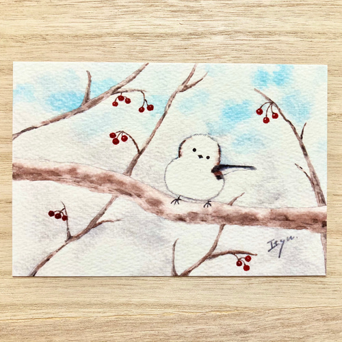 3枚セット 透明水彩画「シマエナガとナナカマドの赤い実」水彩画