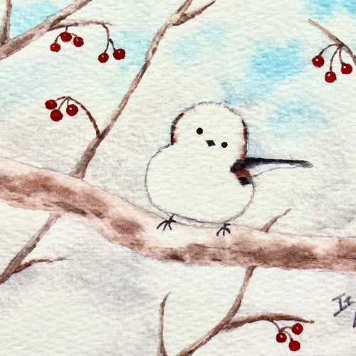 3枚セット 透明水彩画「シマエナガとナナカマドの赤い実」水彩画