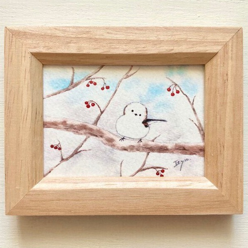 もも水彩画 シマエナガとオーナメントと飾られた木々　値段は※900円です シマエナガとナナカマドの赤い実」水彩画イラストミニ額 冬 プチギフト