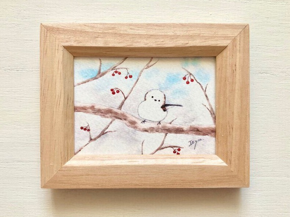 シマエナガとナナカマドの赤い実」水彩画イラストミニ額 冬 プチギフト