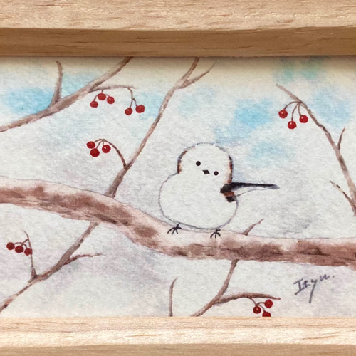 シマエナガとナナカマドの赤い実」水彩画イラストミニ額 冬 プチギフト