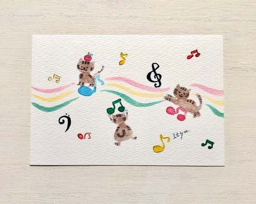 ある日の美術館　猫の親子　ポストカードsize　水彩画原画 ある日の美術館 猫の親子 ポストカードsize 水彩画原画