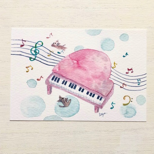 3枚セット「ピンクのピアノ」水彩画イラストポストカード 猫 ネコ 音楽