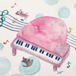 3枚セット「ピンクのピアノ」水彩画イラストポストカード　猫　ネコ　音楽 2枚目の画像