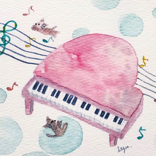 3枚セット「ピンクのピアノ」水彩画イラストポストカード 猫