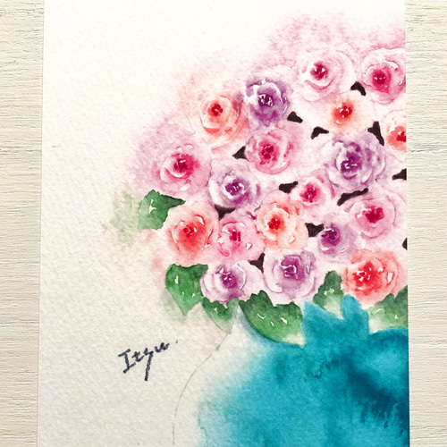 志村好子「薔薇（赤・クリーム）」水彩画（絵寸240×332・額寸377