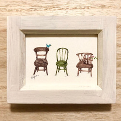 「椅子いろいろ」北欧水彩画イラスト　ミニ額　鳥　青い鳥　 3枚目の画像