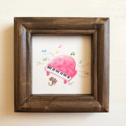 「ピンクのピアノ(正方形)」水彩画イラスト　ミニ額　楽器　猫　ネコ　プチギフト 3枚目の画像