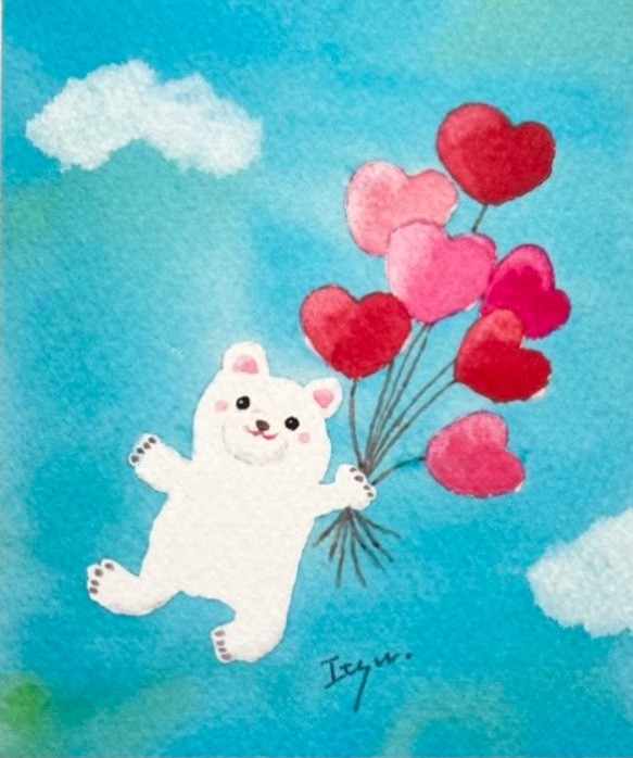 3枚セット「風船で空飛ぶしろくまくん」水彩画イラストポストカード　バレンタイン　バレンタインカード 2枚目の画像