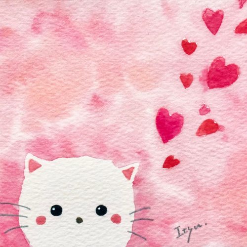 3枚セット「ハート猫ちゃん」水彩画イラストポストカード バレンタイン