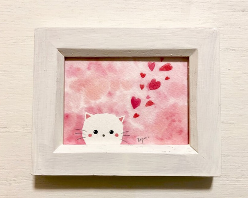 ハート猫ちゃん」水彩画イラスト ミニ額 バレンタイン プチ