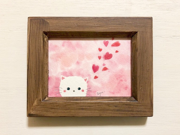 「ハート猫ちゃん」水彩画イラスト　ミニ額　バレンタイン　プチギフト 3枚目の画像