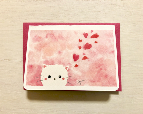 2枚セット「ハート猫ちゃん」水彩画イラストミニカード バレンタイン