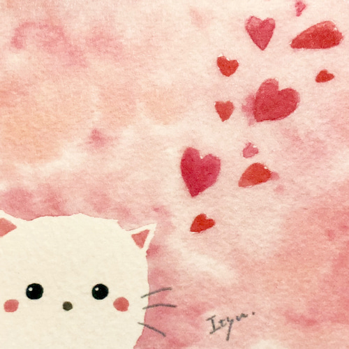 2枚セット「ハート猫ちゃん」水彩画イラストミニカード バレンタイン