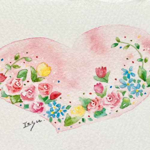 2枚セット「フラワーハート(ピンク)」水彩画イラストミニカード
