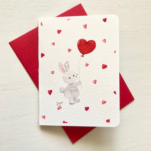 2枚セット「ハートうさぎちゃん」水彩画イラストミニカード ウサギ 兎