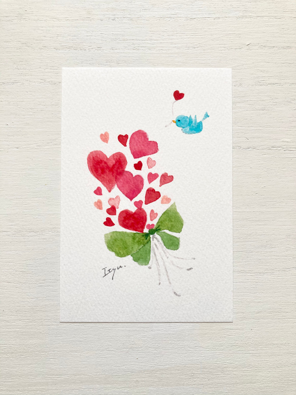 3枚セット「ハートの花束」水彩画イラストポストカード　バレンタイン　バレンタインカード　鳥　バースデーカード 1枚目の画像