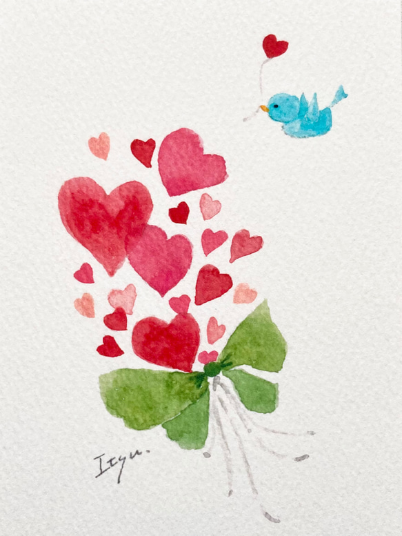 3枚セット「ハートの花束」水彩画イラストポストカード　バレンタイン　バレンタインカード　鳥　バースデーカード 2枚目の画像