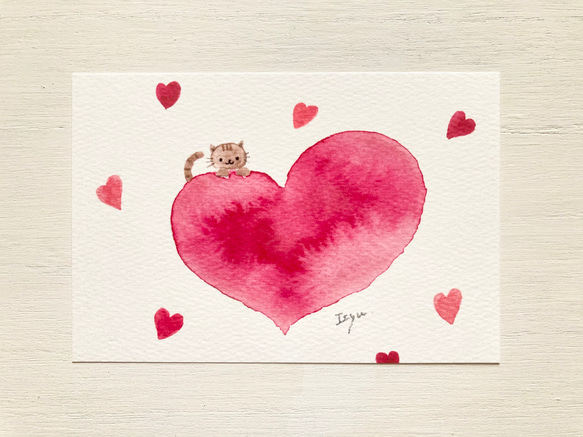 3枚セット「猫ちゃんの大きな愛」水彩画イラストポストカード　ネコ　ねこ　バレンタイン　バレンタインカード　バースデー 1枚目の画像