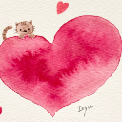 3枚セット「猫ちゃんの大きな愛」水彩画イラストポストカード　ネコ　ねこ　バレンタイン　バレンタインカード　バースデー 2枚目の画像