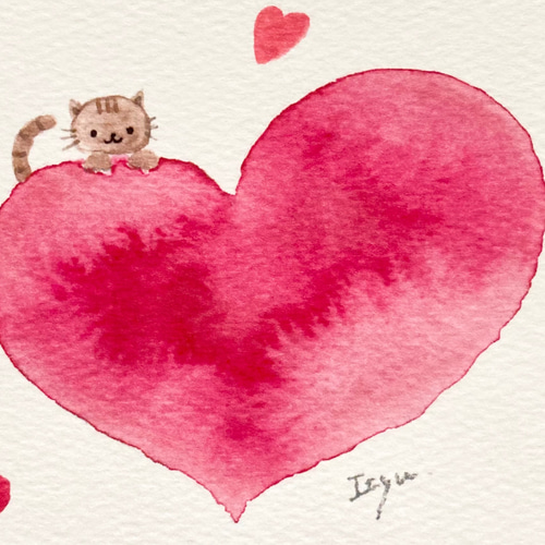 3枚セット「猫ちゃんの大きな愛」水彩画イラストポストカード ネコ