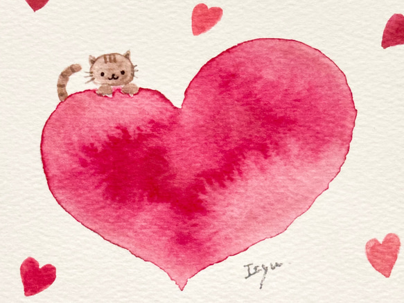 3枚セット「猫ちゃんの大きな愛」水彩画イラストポストカード　ネコ　ねこ　バレンタイン　バレンタインカード　バースデー 2枚目の画像