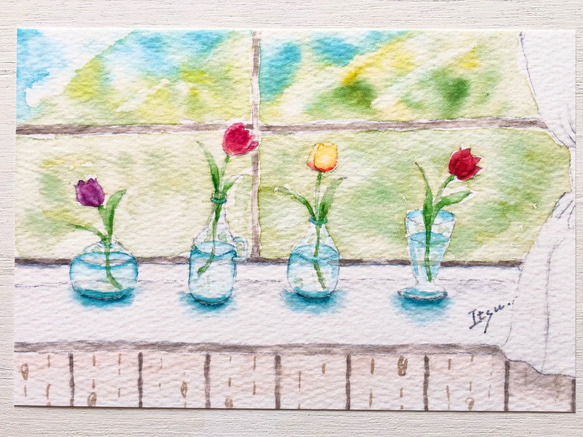 3枚セット「窓辺のチューリップ」水彩画イラストポストカード　春　花　メッセージカード　バースデーカード 2枚目の画像