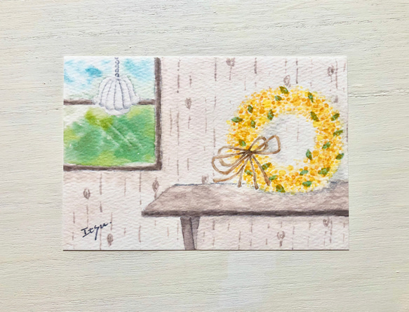 3枚セット「ミモザのリース」北欧水彩画イラストポストカード　春　花　メッセージカード　バースデーカード 1枚目の画像