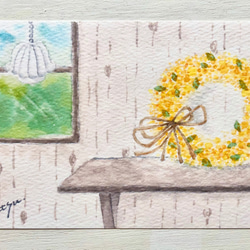 3枚セット「ミモザのリース」北欧水彩画イラストポストカード　春　花　メッセージカード　バースデーカード 2枚目の画像
