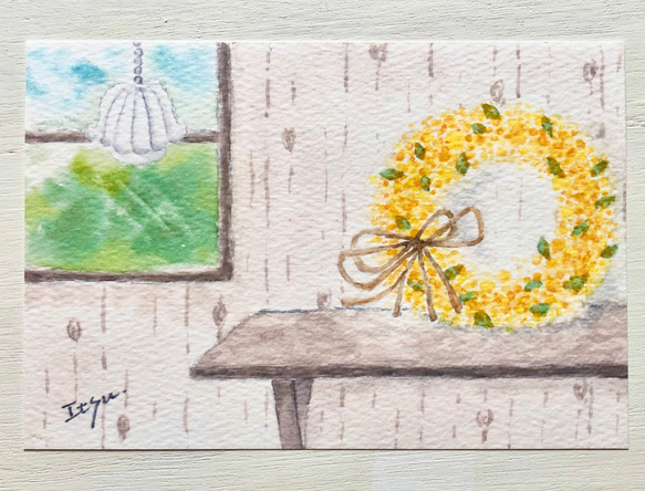 3枚セット「ミモザのリース」北欧水彩画イラストポストカード　春　花　メッセージカード　バースデーカード 2枚目の画像