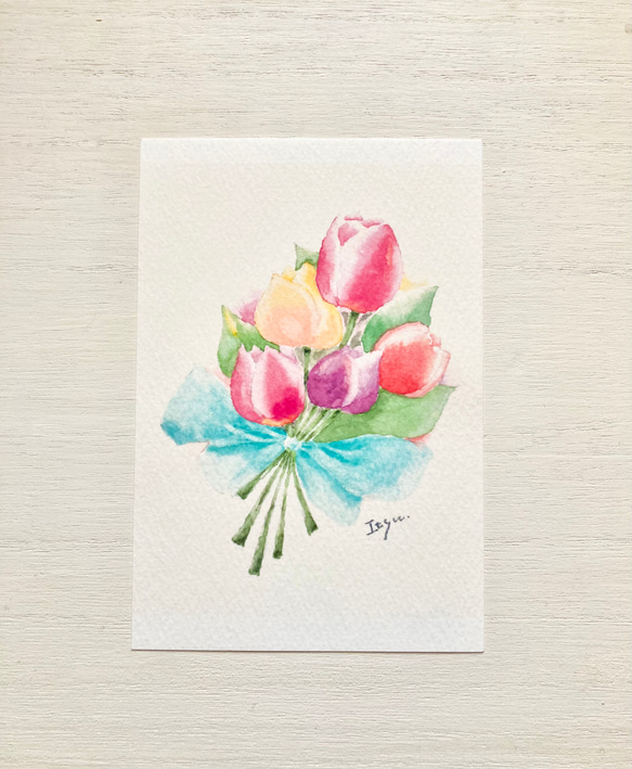 ★オーダーメイド押印受付　水彩画チューリップポストカードセット 3枚セット「チューリップの花束」水彩画イラストポストカード 春 花 母