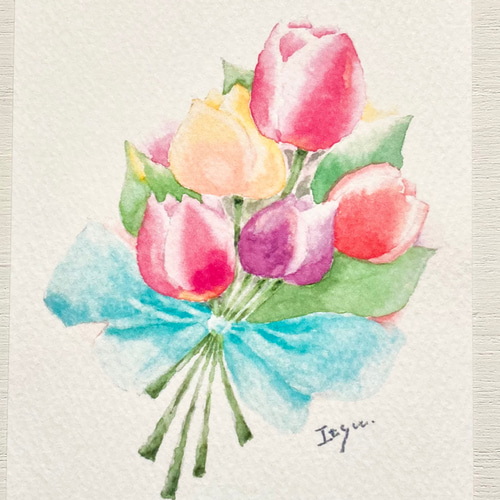 3枚セット「チューリップの花束」水彩画イラストポストカード 春 花 母  