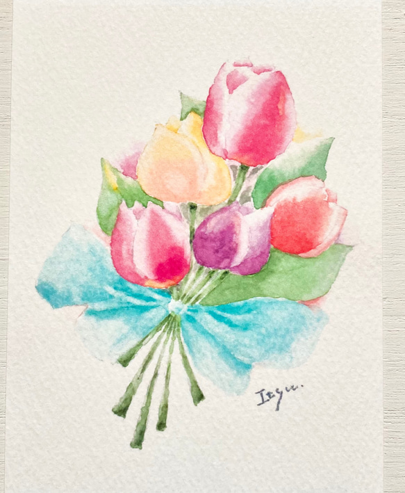 3枚セット「チューリップの花束」水彩画イラストポストカード　春　花　母の日　母の日カード　父の日　父の日カード 2枚目の画像