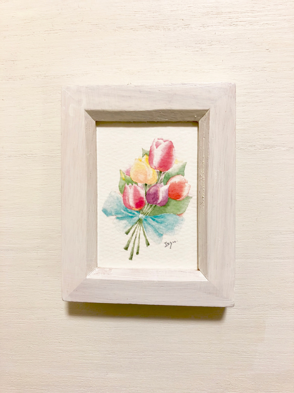 透明水彩画「チューリップの花束」イラスト　ミニ額　春　花　プチギフト　フラワー　母の日 1枚目の画像