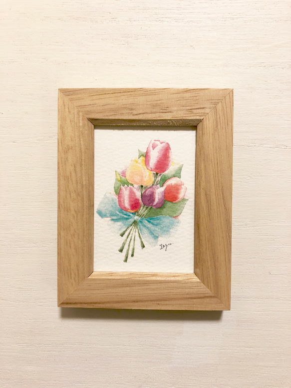 透明水彩画「チューリップの花束」イラスト　ミニ額　春　花　プチギフト　フラワー　母の日 2枚目の画像