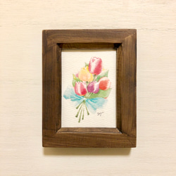 透明水彩画「チューリップの花束」イラスト　ミニ額　春　花　プチギフト　フラワー　母の日 3枚目の画像