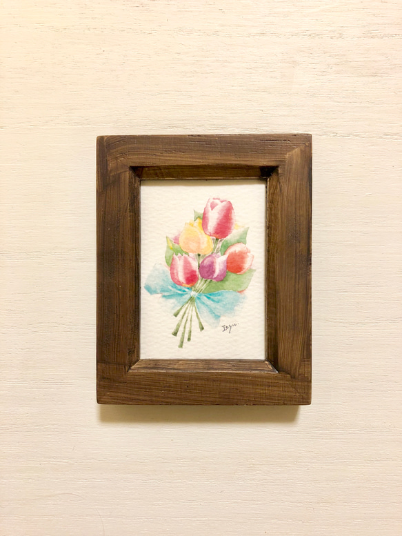 透明水彩画「チューリップの花束」イラスト　ミニ額　春　花　プチギフト　フラワー　母の日 3枚目の画像