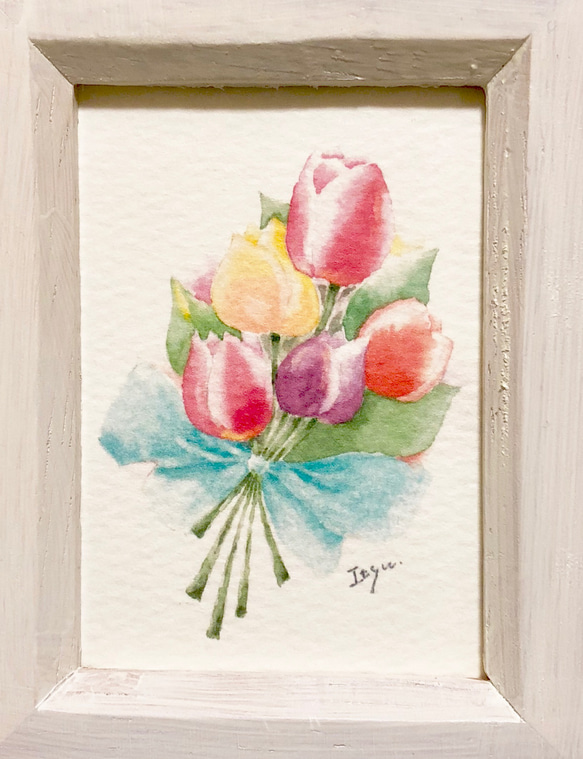 透明水彩画「チューリップの花束」イラスト　ミニ額　春　花　プチギフト　フラワー　母の日 4枚目の画像