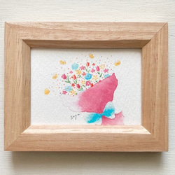 「幸せの花束」水彩画イラスト　ミニ額　花　春　バレンタイン　蝶々　ちょう　プチギフト 1枚目の画像