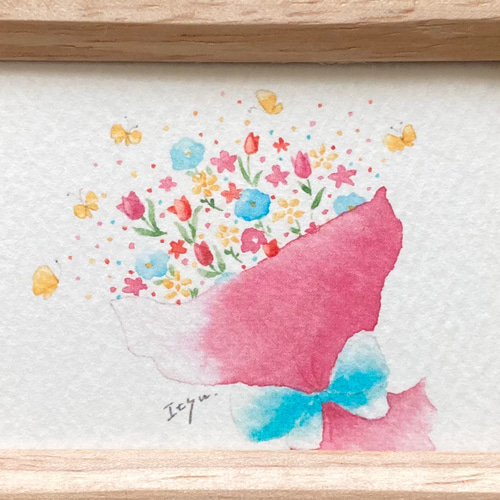 幸せの花束」水彩画イラスト ミニ額 花 春 バレンタイン 蝶々