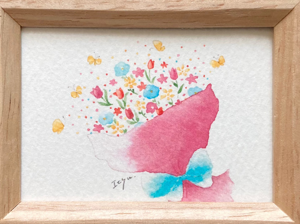 「幸せの花束」水彩画イラスト　ミニ額　花　春　バレンタイン　蝶々　ちょう　プチギフト 4枚目の画像