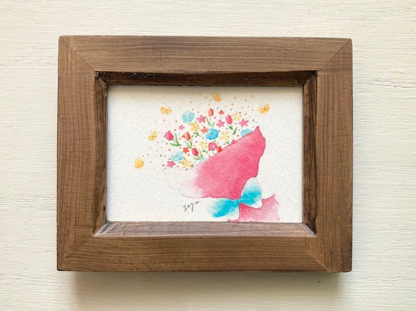 「幸せの花束」水彩画イラスト　ミニ額　花　春　バレンタイン　蝶々　ちょう　プチギフト 3枚目の画像