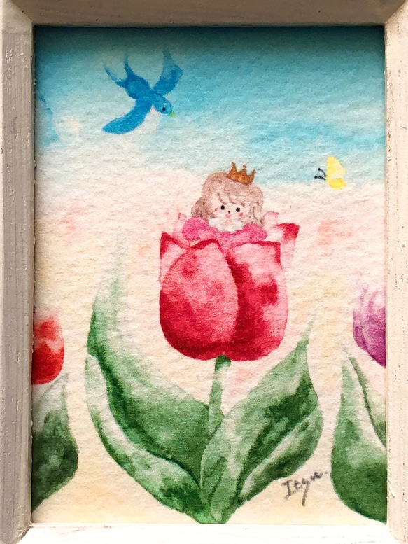 「おやゆび姫」水彩画イラスト　ミニ額　プチギフト  バースデー　入園入学　出産祝い 1枚目の画像