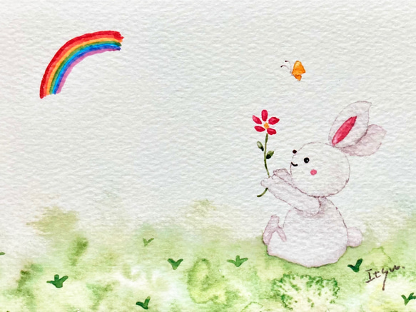 3枚セット「良い事ありますように」水彩画イラストポストカード　うさぎ　ウサギ　虹　ちょうちょ　バレンタイン　バースデー 1枚目の画像